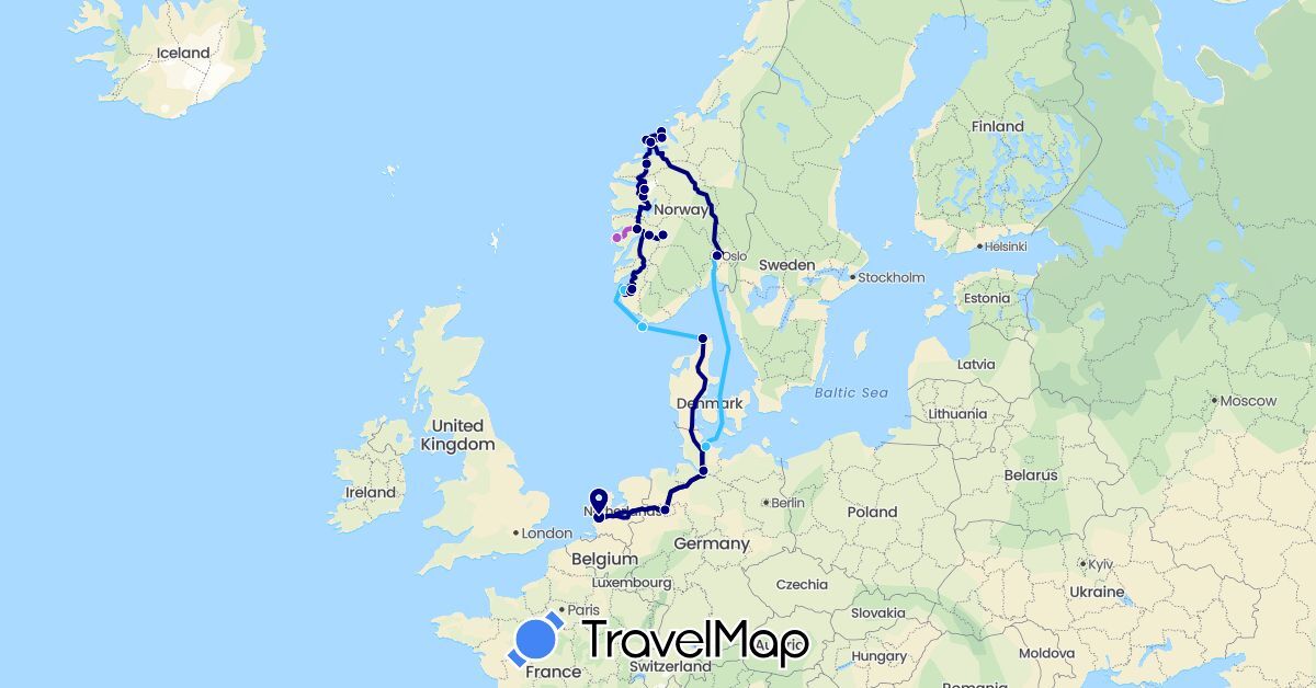 TravelMap itinerary: driving, train, boat in Germany, Denmark, Netherlands, Norway (Europe)